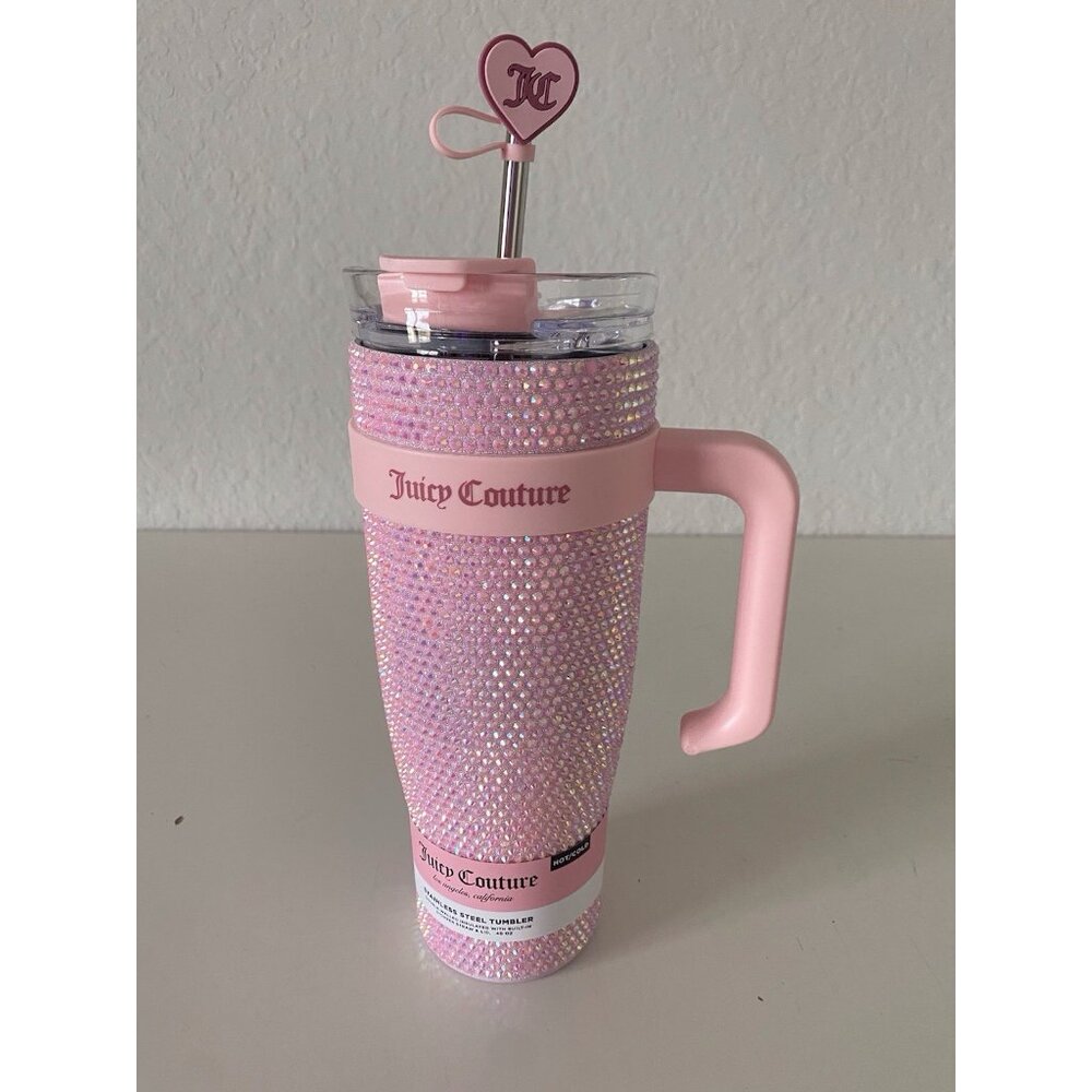 Juicy Couture RHINESTONE Jewel Light Pink Stainless Steel Hot Cold 40 Oz Tumbler